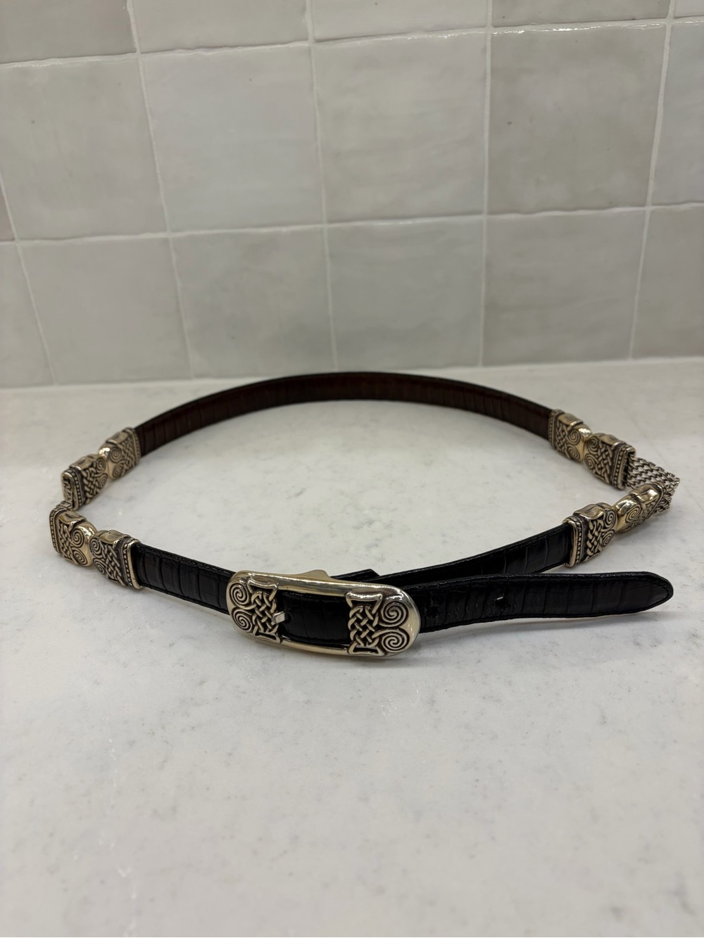 Black Leather Western-Inspired Belt with Ornate Silver-Tone Hardware